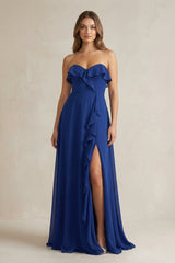 Sweetheart Ruffled A - Line Chiffon Bridesmaid Dress in Royal Blue - KISS BRIDAL Bridesmaid Dresses