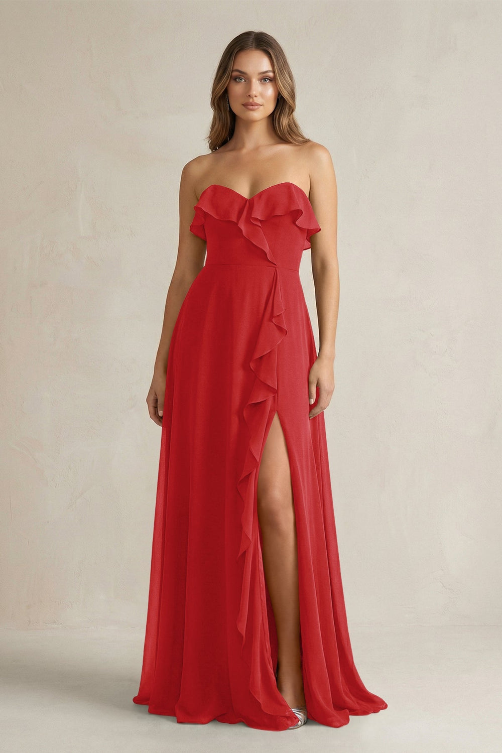 Sweetheart Ruffled A - Line Chiffon Bridesmaid Dress in Ruby Red - KISS BRIDAL Bridesmaid Dresses