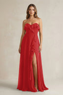 Sweetheart Ruffled A - Line Chiffon Bridesmaid Dress in Ruby Red - SHE IS ME Bridesmaid Dresses