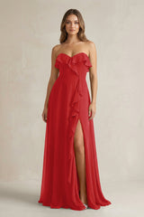 Sweetheart Ruffled A - Line Chiffon Bridesmaid Dress in Ruby Red - KISS BRIDAL Bridesmaid Dresses
