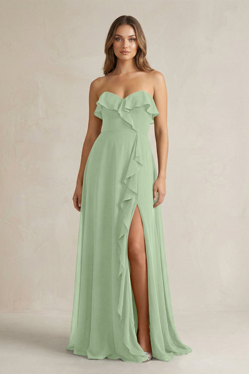 Sweetheart Ruffled A - Line Chiffon Bridesmaid Dress in Sage - SHE IS ME Bridesmaid Dresses