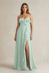 Sweetheart Ruffled A-Line Chiffon Bridesmaid Dress in Sage | KISSBRIDAL