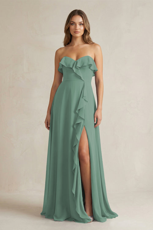 Sweetheart Ruffled A-Line Chiffon Bridesmaid Dress in Sea Glass | KISSBRIDAL