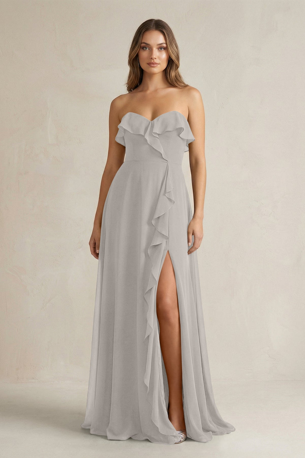 Sweetheart Ruffled A - Line Chiffon Bridesmaid Dress in Silver - KISS BRIDAL Bridesmaid Dresses