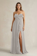 Sweetheart Ruffled A - Line Chiffon Bridesmaid Dress in Silver - KISS BRIDAL Bridesmaid Dresses