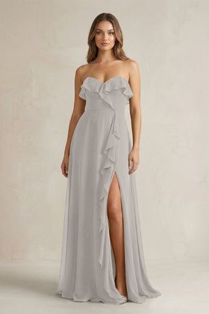 Sweetheart Ruffled A - Line Chiffon Bridesmaid Dress in Silver - SHE IS ME Bridesmaid Dresses
