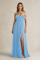 Sweetheart Ruffled A - Line Chiffon Bridesmaid Dress in Steel Blue - SHE IS ME Bridesmaid Dresses