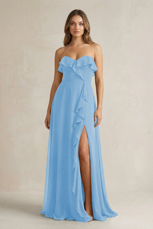Sweetheart Ruffled A - Line Chiffon Bridesmaid Dress in Steel Blue - SHE IS ME Bridesmaid Dresses
