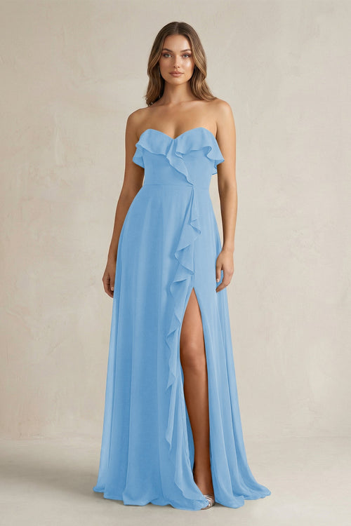 Sweetheart Ruffled A - Line Chiffon Bridesmaid Dress in Steel Blue - SHE IS ME Bridesmaid Dresses
