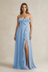 Sweetheart Ruffled A-Line Chiffon Bridesmaid Dress in Steel Blue | KISSBRIDAL