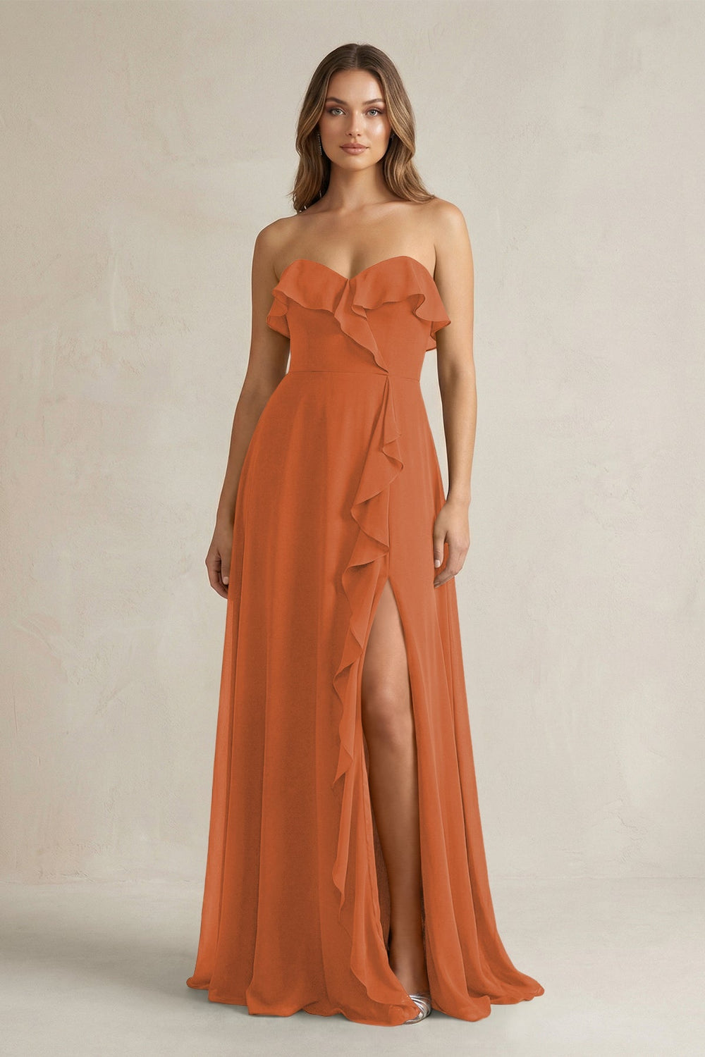 Sweetheart Ruffled A - Line Chiffon Bridesmaid Dress in Terracotta - KISS BRIDAL Bridesmaid Dresses