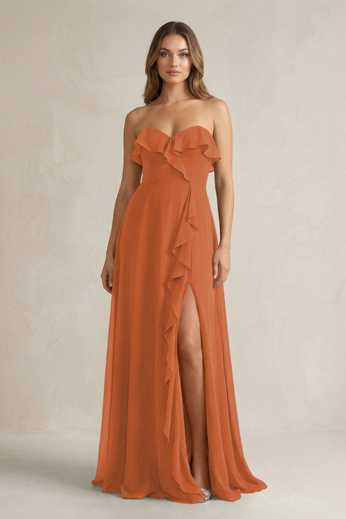 Sweetheart Ruffled A - Line Chiffon Bridesmaid Dress in Terracotta - SHE IS ME Bridesmaid Dresses