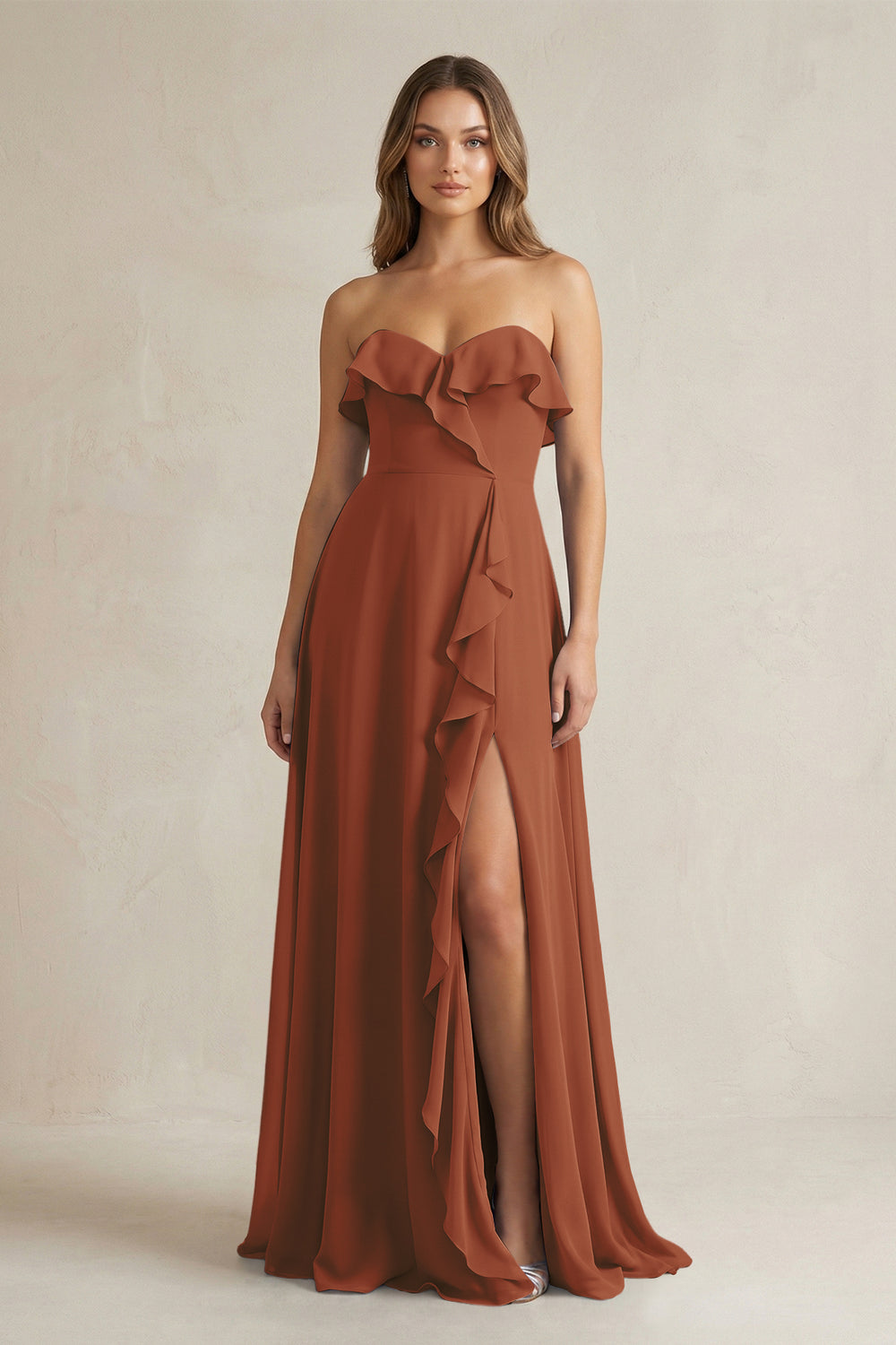 Sweetheart Ruffled A-Line Chiffon Bridesmaid Dress in Terracotta
