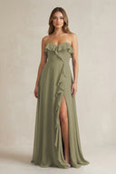 Sweetheart Ruffled A-Line Chiffon Bridesmaid Dress in Thyme | KISSBRIDAL