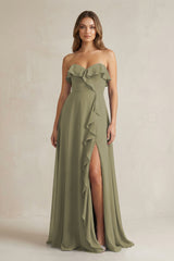Sweetheart Ruffled A-Line Chiffon Bridesmaid Dress in Thyme | KISSBRIDAL