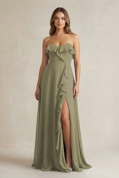 Sweetheart Ruffled A-Line Chiffon Bridesmaid Dress in Thyme | KISSBRIDAL