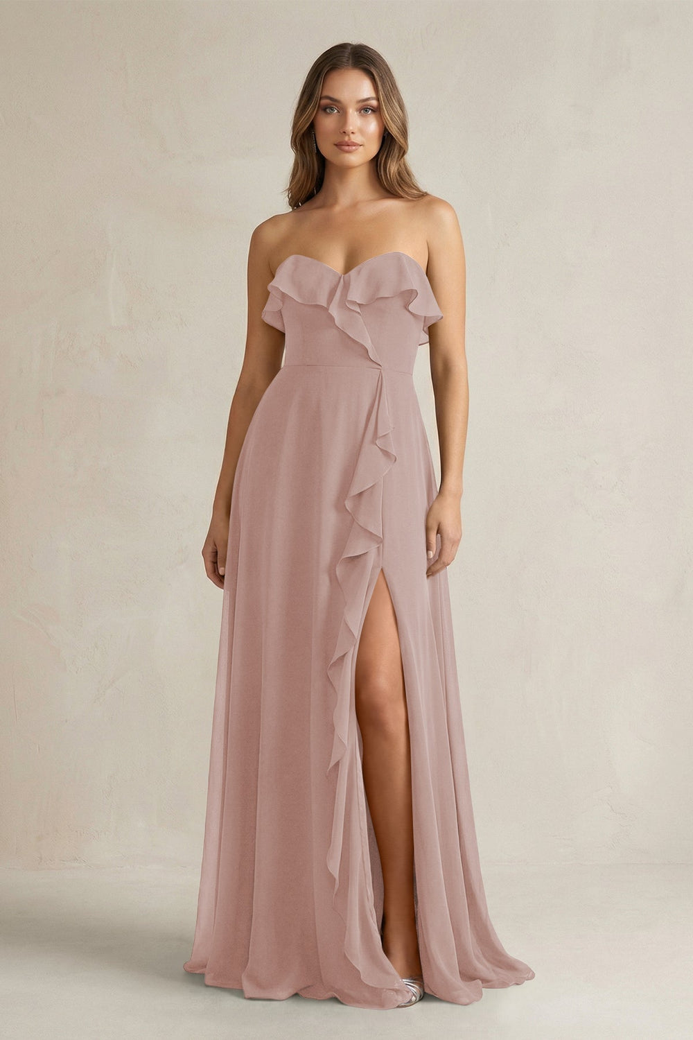 Sweetheart Ruffled A - Line Chiffon Bridesmaid Dress in Toffee - KISS BRIDAL Bridesmaid Dresses