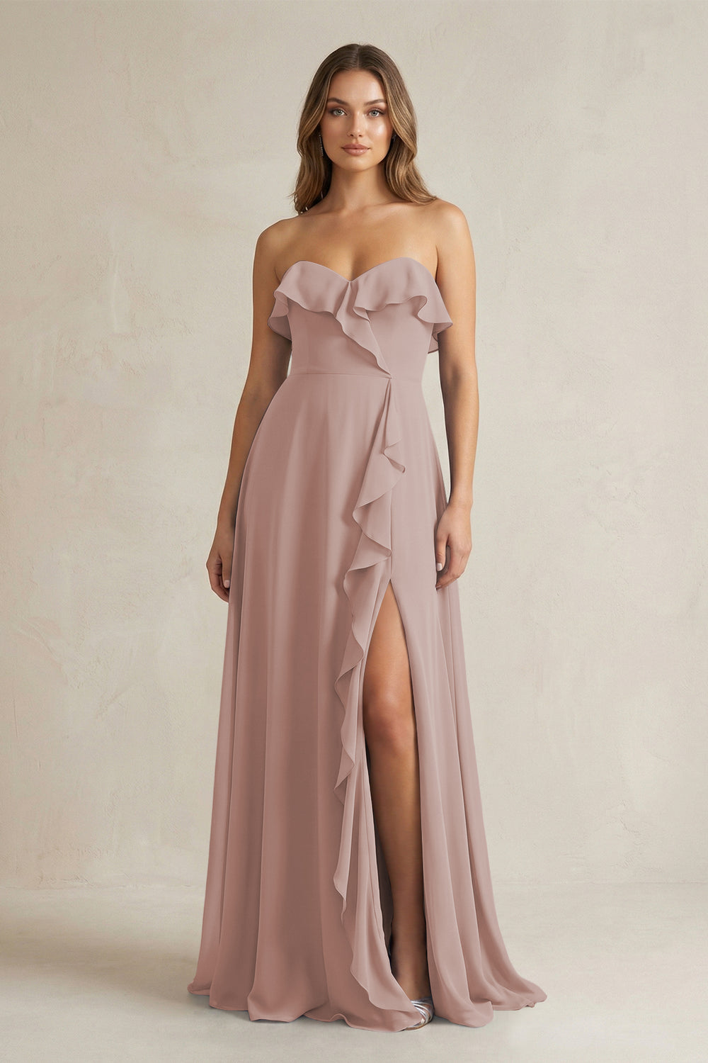 Sweetheart Ruffled A-Line Chiffon Bridesmaid Dress in Toffee