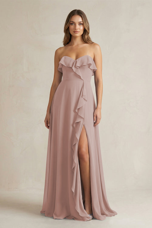 Sweetheart Ruffled A-Line Chiffon Bridesmaid Dress in Toffee | KISSBRIDAL