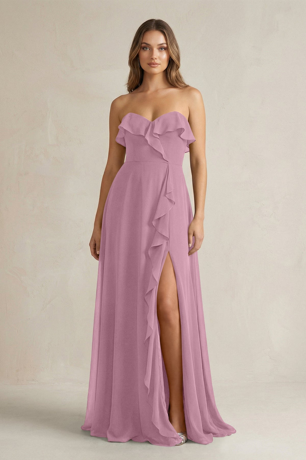 Sweetheart Ruffled A - Line Chiffon Bridesmaid Dress in Vintage Mauve - KISS BRIDAL Bridesmaid Dresses