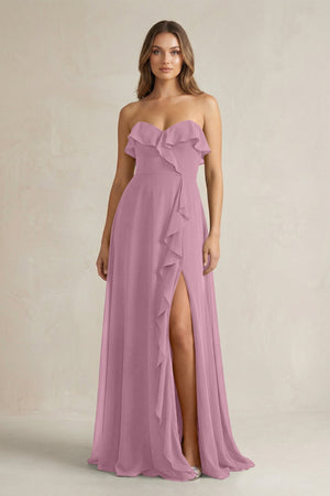Sweetheart Ruffled A - Line Chiffon Bridesmaid Dress in Vintage Mauve - SHE IS ME Bridesmaid Dresses