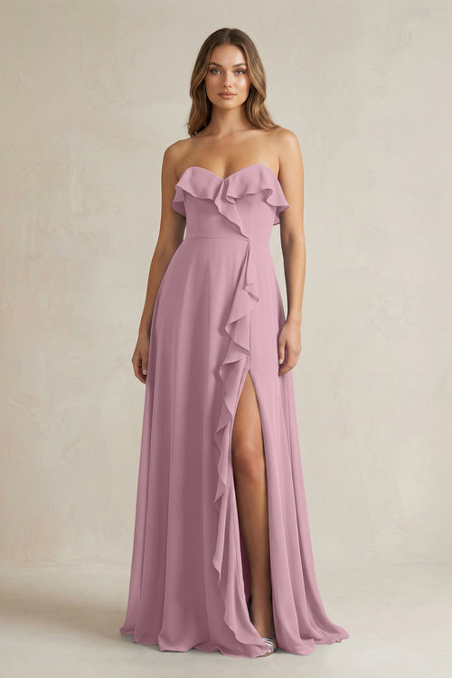 Sweetheart Ruffled A-Line Chiffon Bridesmaid Dress in Vintage Mauve | KISSBRIDAL