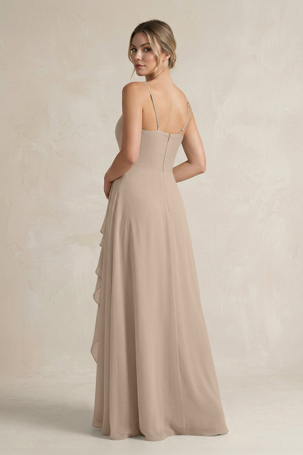 Sweetheart Ruffled A - Line Chiffon Bridesmaid Dress with Slit in Almond - SHE IS ME Bridesmaid Dresses