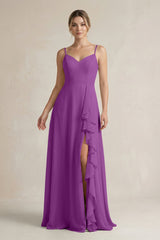 Sweetheart Ruffled A - Line Chiffon Bridesmaid Dress with Slit in Amethyst - KISS BRIDAL Bridesmaid Dresses