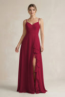 Sweetheart Ruffled A - Line Chiffon Bridesmaid Dress with Slit in Berry - SHE IS ME Bridesmaid Dresses