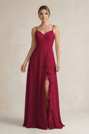 Sweetheart Ruffled A - Line Chiffon Bridesmaid Dress with Slit in Berry - SHE IS ME Bridesmaid Dresses