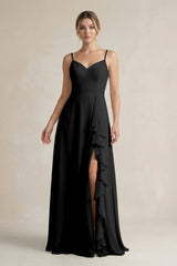 Sweetheart Ruffled A - Line Chiffon Bridesmaid Dress with Slit in Black - KISS BRIDAL Bridesmaid Dresses