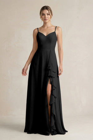 Sweetheart Ruffled A - Line Chiffon Bridesmaid Dress with Slit in Black - SHE IS ME Bridesmaid Dresses
