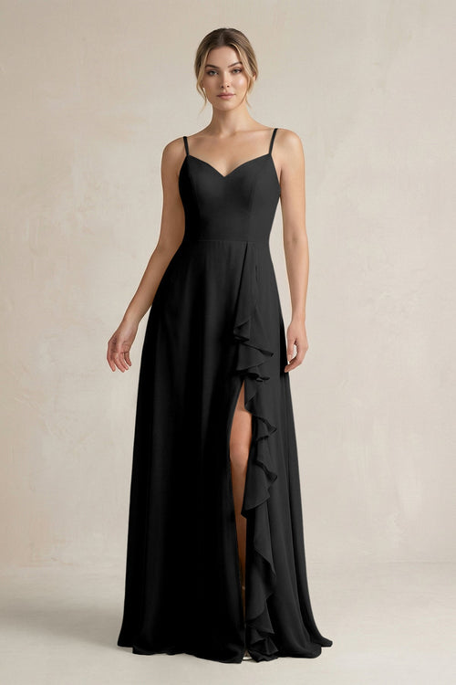 Sweetheart Ruffled A - Line Chiffon Bridesmaid Dress with Slit in Black - SHE IS ME Bridesmaid Dresses