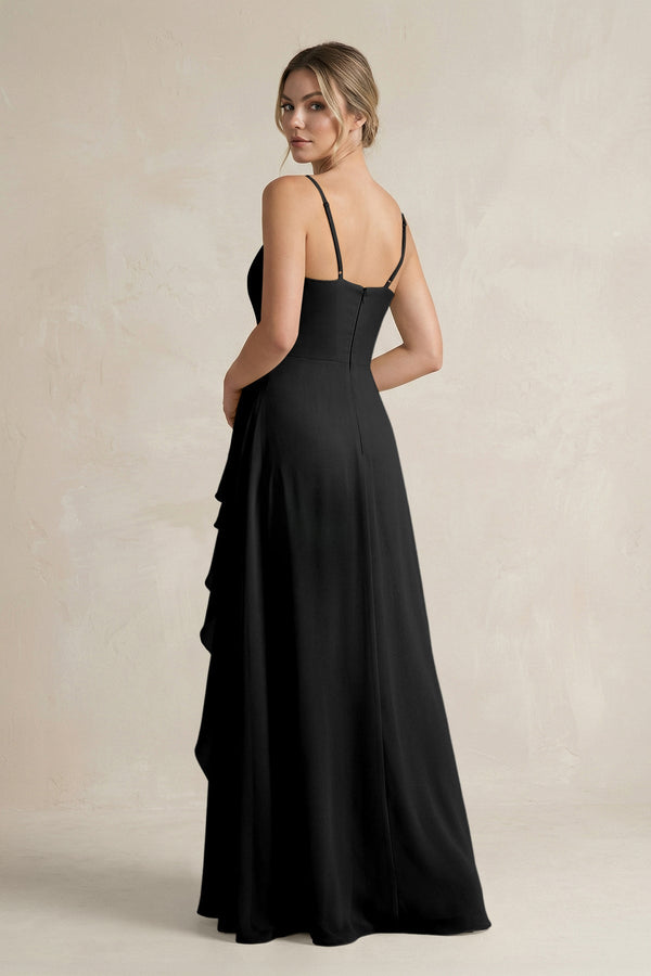 Sweetheart Ruffled A - Line Chiffon Bridesmaid Dress with Slit in Black - SHE IS ME Bridesmaid Dresses