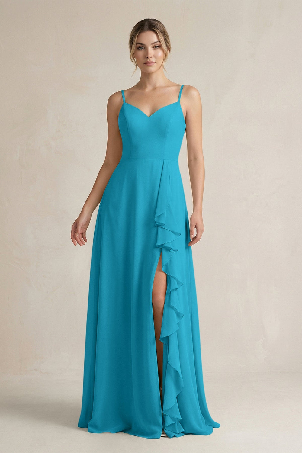 Sweetheart Ruffled A - Line Chiffon Bridesmaid Dress with Slit in Blue Jay - SHE IS ME Bridesmaid Dresses