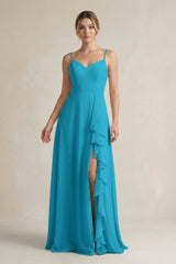 Sweetheart Ruffled A - Line Chiffon Bridesmaid Dress with Slit in Blue Jay - KISS BRIDAL Bridesmaid Dresses