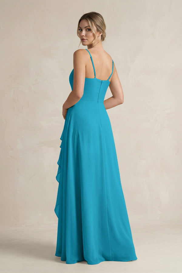 Sweetheart Ruffled A - Line Chiffon Bridesmaid Dress with Slit in Blue Jay - SHE IS ME Bridesmaid Dresses