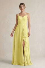 Sweetheart Ruffled A - Line Chiffon Bridesmaid Dress with Slit in Buttercup - KISS BRIDAL Bridesmaid Dresses