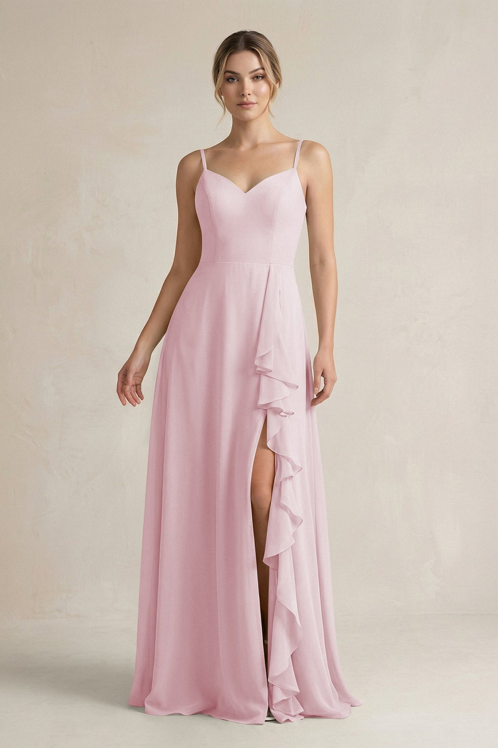 Sweetheart Ruffled A - Line Chiffon Bridesmaid Dress with Slit in Candy Pink - SHE IS ME Bridesmaid Dresses