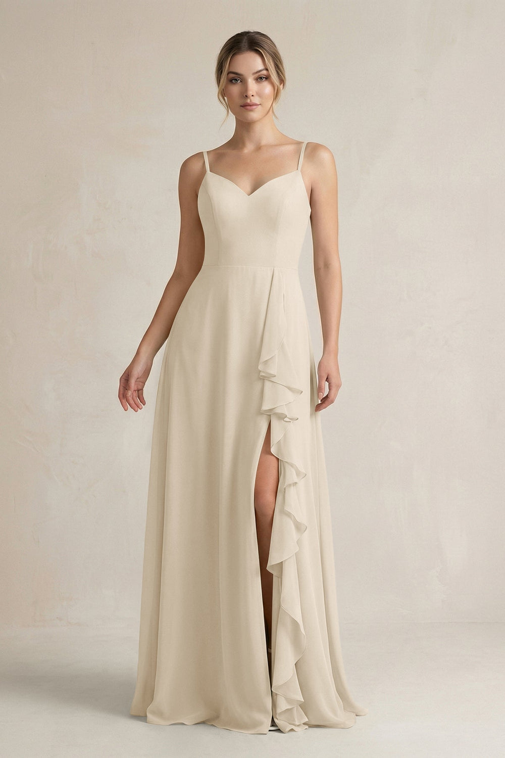 Sweetheart Ruffled A - Line Chiffon Bridesmaid Dress with Slit in Champagne - SHE IS ME Bridesmaid Dresses