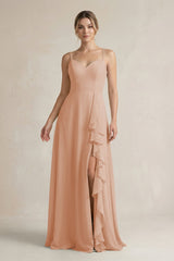 Sweetheart Ruffled A - Line Chiffon Bridesmaid Dress with Slit in Champagne Rose - KISS BRIDAL Bridesmaid Dresses