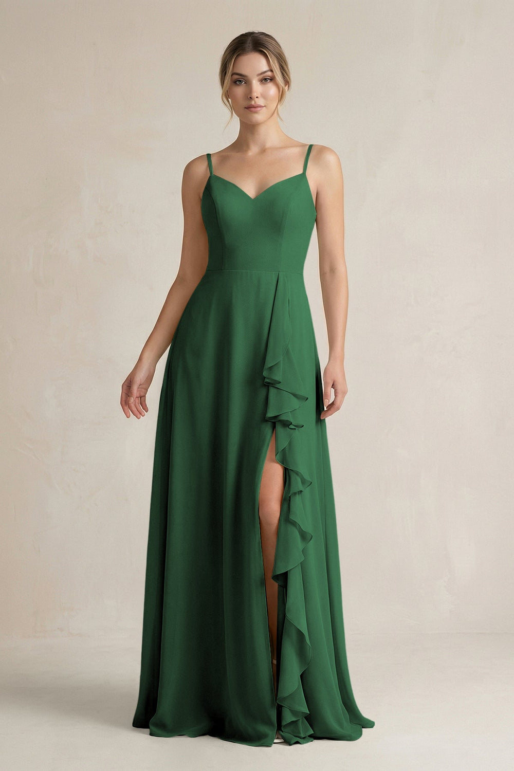Sweetheart Ruffled A - Line Chiffon Bridesmaid Dress with Slit in Dark Green - SHE IS ME Bridesmaid Dresses