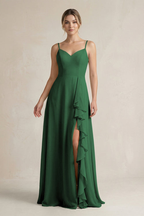 Sweetheart Ruffled A - Line Chiffon Bridesmaid Dress with Slit in Dark Green - SHE IS ME Bridesmaid Dresses