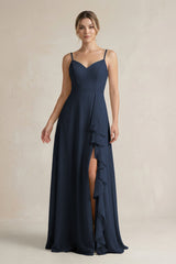 Sweetheart Ruffled A - Line Chiffon Bridesmaid Dress with Slit in Dark Navy - KISS BRIDAL Bridesmaid Dresses