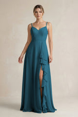 Sweetheart Ruffled A - Line Chiffon Bridesmaid Dress with Slit in Dark Teal - KISS BRIDAL Bridesmaid Dresses