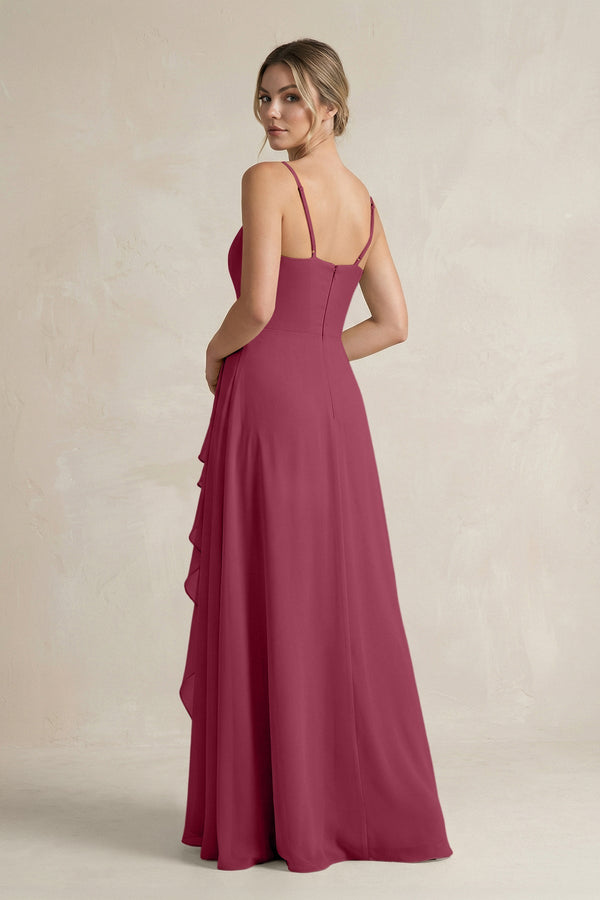 Sweetheart Ruffled A - Line Chiffon Bridesmaid Dress with Slit in Desert Rose - SHE IS ME Bridesmaid Dresses