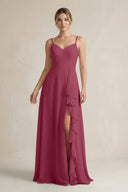 Sweetheart Ruffled A - Line Chiffon Bridesmaid Dress with Slit in Desert Rose - SHE IS ME Bridesmaid Dresses