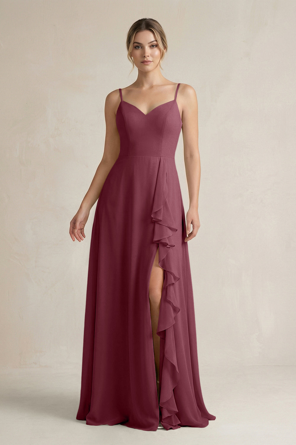 Sweetheart Ruffled A-Line Chiffon Bridesmaid Dress with Slit in Desert Rose