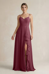 Sweetheart Ruffled A-Line Chiffon Bridesmaid Dress with Slit in Desert Rose | KISSBRIDAL