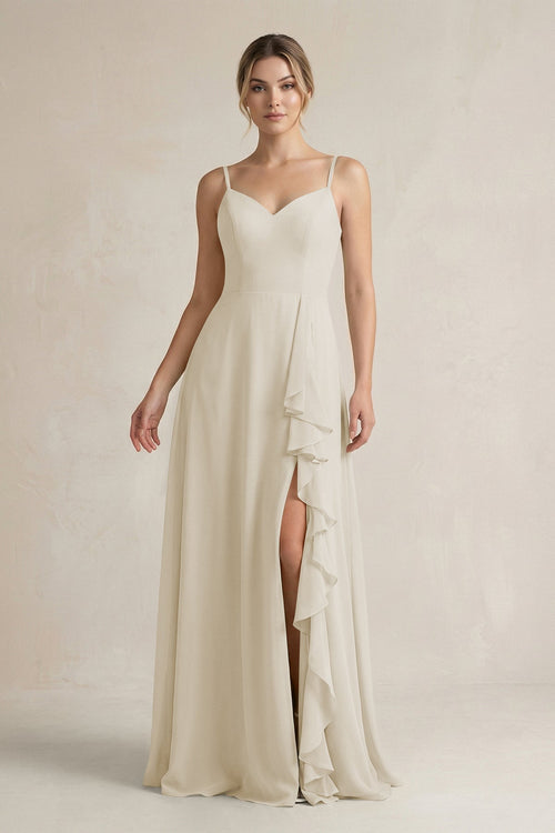 Sweetheart Ruffled A - Line Chiffon Bridesmaid Dress with Slit in Dove Gray - SHE IS ME Bridesmaid Dresses